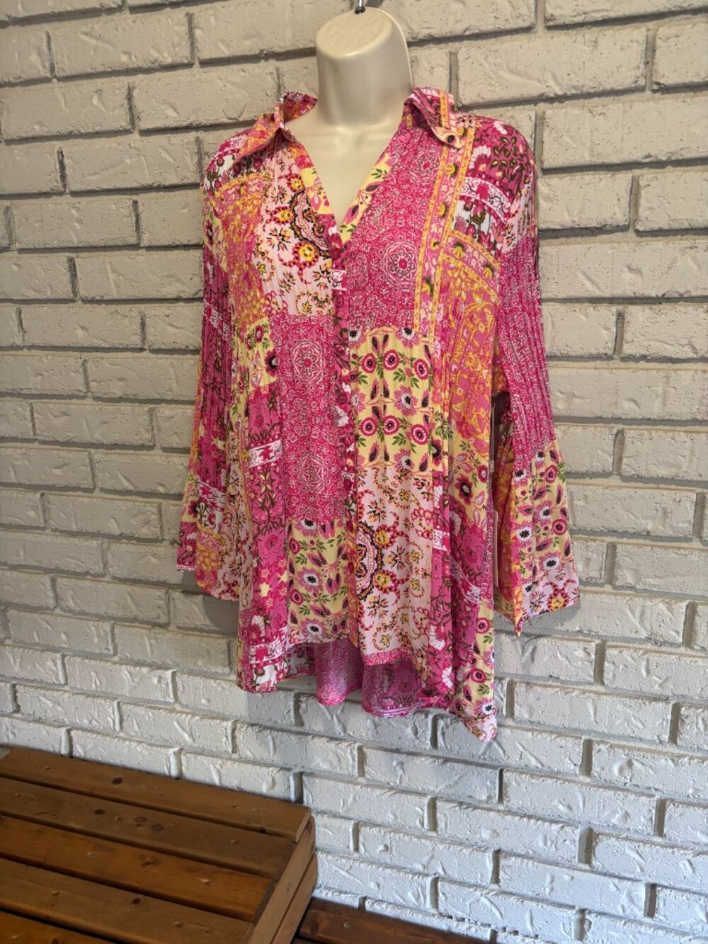 Sunny Leigh Boho Peasant Tunic Top Pink Floral Patchwork Print Long Sleeve